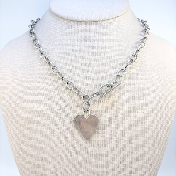 VTG Sterling Silver 925 Heart Tag Round Link Chain Necklace Size 17.5" Length - Picture 1 of 12
